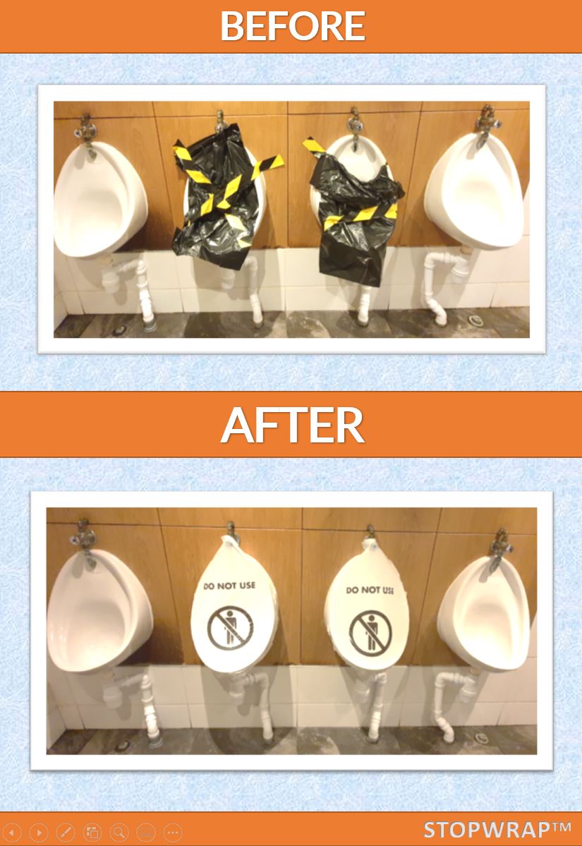 STOPWRAP Urinal Isolation Wrap Cover - Social Distance Urinal - Before & After