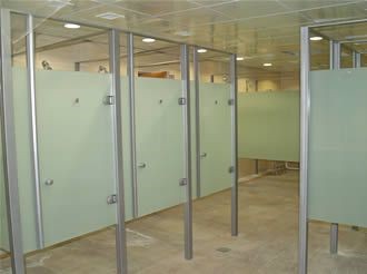 Smoked safety glass cubicles, sandblasted, opaque glass